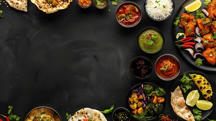 Generative AI : Assorted indian food on black background.. Indian cuisine. Top view with copy space