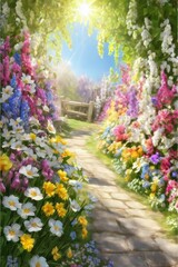 Naklejka premium beautiful garden with colorful tulips and narcissus flowers