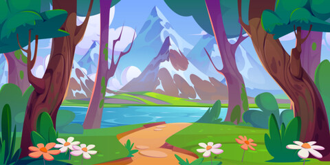 Cartoon summer landscape with forest, lake and mountains. Path leading to water pond or river in woodland with green trees and bushes, grass and daisy flowers near foot of rocky hills with snow. - obrazy, fototapety, plakaty