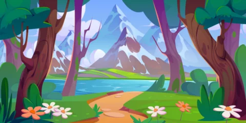 Fotobehang Cartoon summer landscape with forest, lake and mountains. Path leading to water pond or river in woodland with green trees and bushes, grass and daisy flowers near foot of rocky hills with snow. © klyaksun