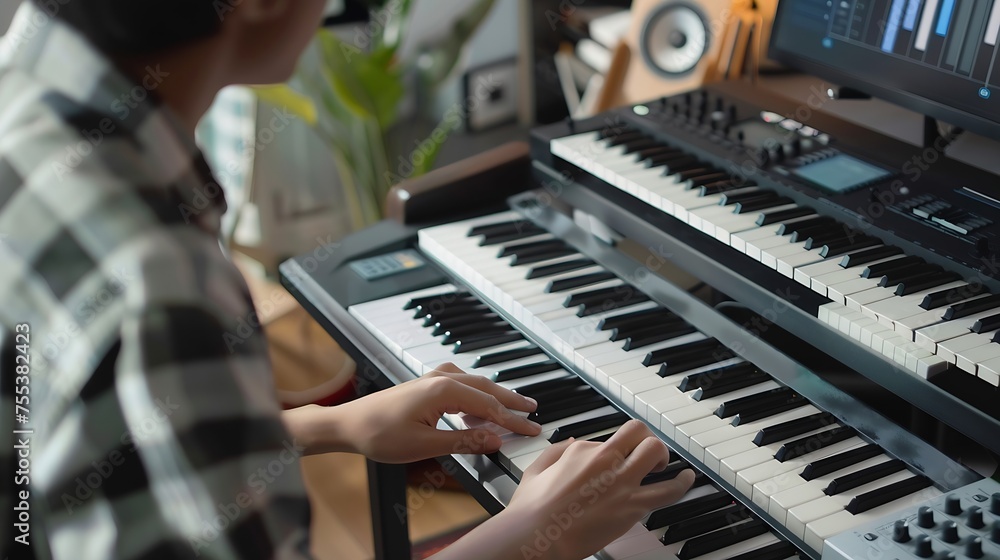 Poster Generative AI : young asian male composer playing midi keyboard for arranging a song on computer 
