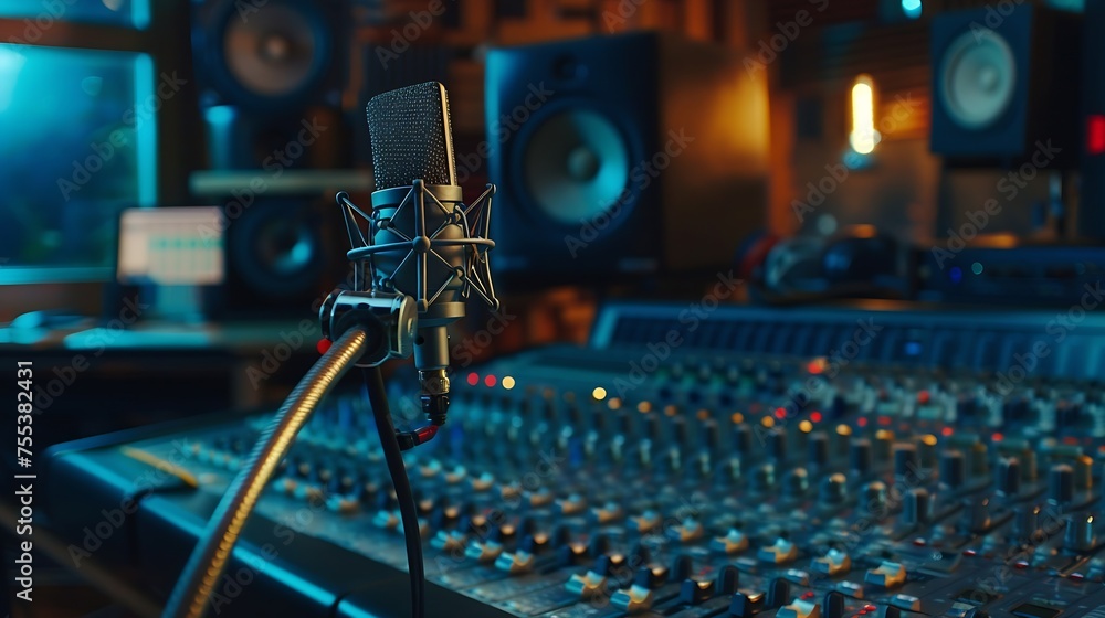Poster Generative AI : studio condenser microphone on sound engineer working in control room background
