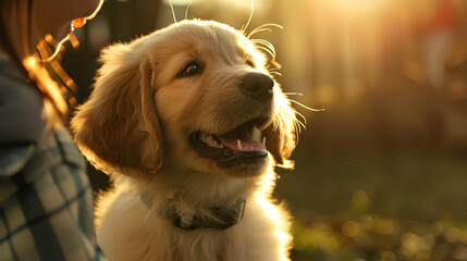 Joyful Golden Retriever puppy enjoying a sunny day outdoors.