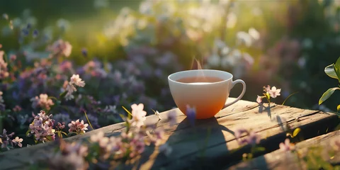 Foto op Plexiglas a cup of tea on wood table in flower garden in spring at morning © Maizal
