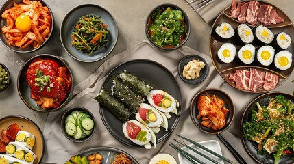 Generative AI : Assortment of Korean traditional dishes. Asian food. Top view, flat lay, panorama