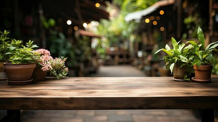 Wooden table top on city background