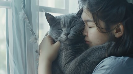 Generative AI : asian woman kissing her cute grey persian cat with love - obrazy, fototapety, plakaty