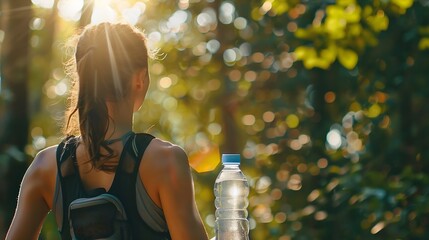 Generative AI : Drinking water, fitness and exercise woman after sports run and training in nature. 