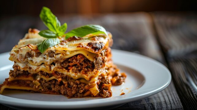 Generative AI : a traditional lasagna made with minced beef bolognese sauce topped with basil leafs