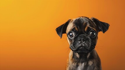 Generative AI : portrait of a pugelier puppy in front of an orange gradient background. half pug half cavlier king charles spaniel - obrazy, fototapety, plakaty