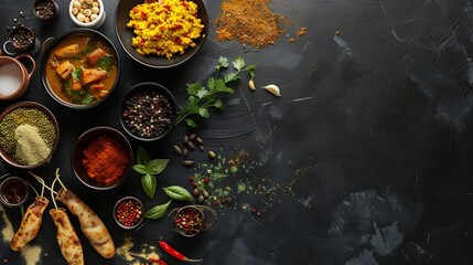 Generative AI : Assorted indian food on black background.. Indian cuisine. Top view with copy space - obrazy, fototapety, plakaty