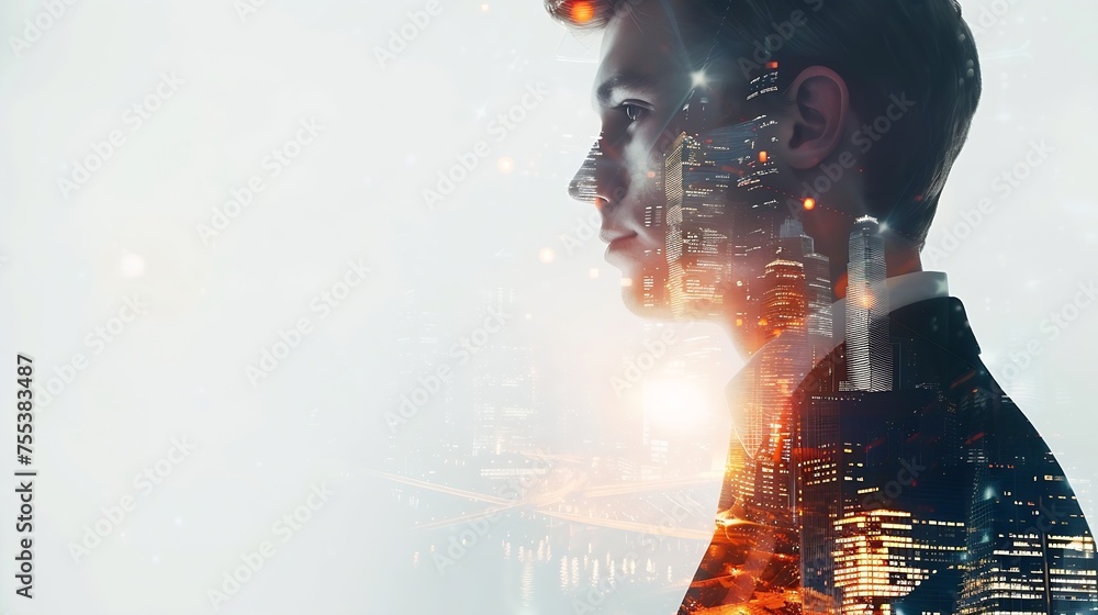 Poster generative ai : side view of confident young businessman with double exposure of abstract cityscape