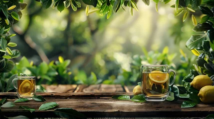 Schilderijen op glas cup of tea with lemon on wood table in garden in the morning spring © Maizal