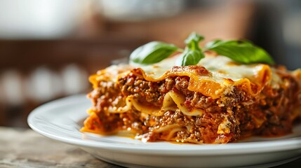 Generative AI : a traditional lasagna made with minced beef bolognese sauce topped with basil leafs - obrazy, fototapety, plakaty