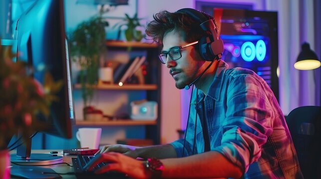 Generative AI : Attractive Male Video Editor Works with Footage or Video on Computer
