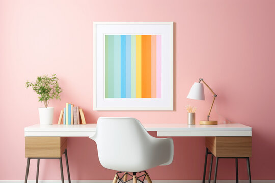 An aesthetically pleasing office ambiance captured in high definition, featuring a blank white frame, minimalistic design, mockup style, and a delightful infusion of vibrant colors.