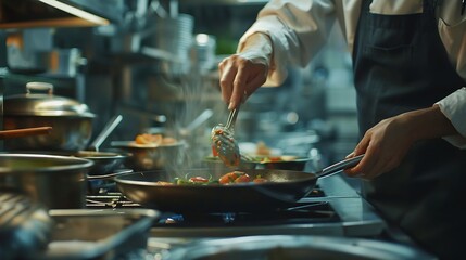 Generative AI : Chef preparing food, meal, in the kitchen, chef cooking in kitchen, Chef decorating dish, closeup