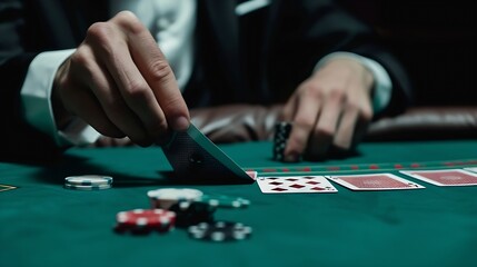 Generative AI : Man dealer or croupier shuffles poker cards in a casino game card - Powered by Adobe