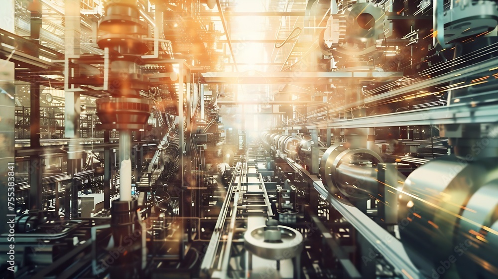 Poster Generative AI : Mechanized industry of future factory double exposure image . 