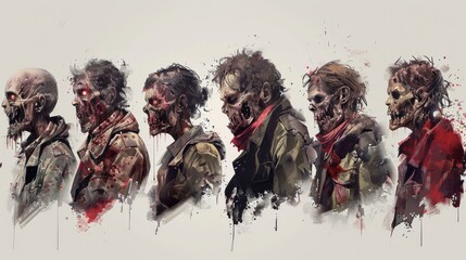 A series of zombie portraits showing various stages of decomposition in a dramatic, artistic display. - obrazy, fototapety, plakaty