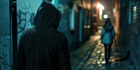 Back of man in hood following woman in dark narrow street at night late evening. Concept for crime, stalking and sexual assault - obrazy, fototapety, plakaty