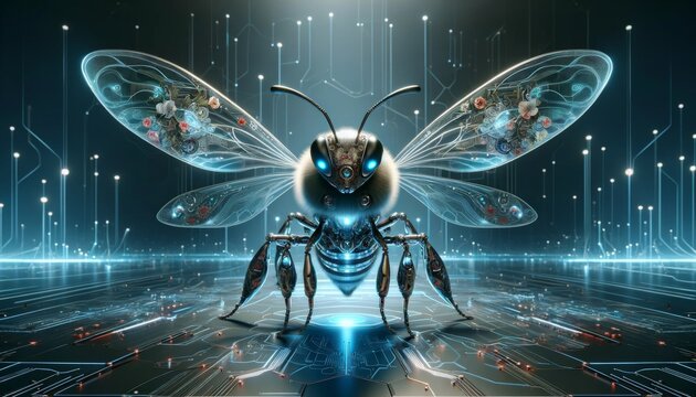 3D image of a bee that integrates organic and robotic elements in a sci-fi theme
