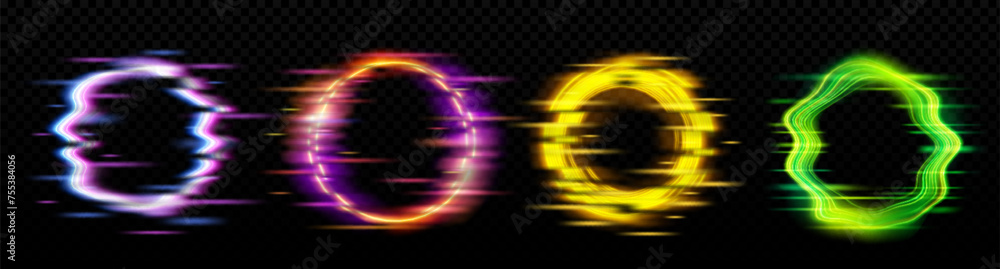 Poster neon glowing circle frame with glitch effect on black background. realistic vector illustration set 