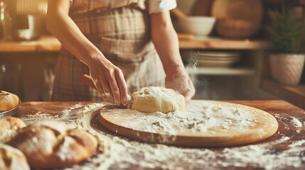 Obraz na płótnie Canvas Generative AI : woman holding flour rolling pin prepare to thresh flour making homemade pizza on wooden table