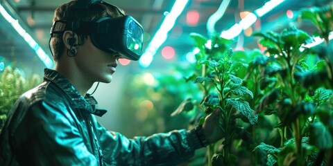 digital futuristic technology in smart argriculture farm using ai artificial intelligence, machine learning, digital twin, 5g, big data, iot, augmented mixed virtual reality, ar, vr - obrazy, fototapety, plakaty