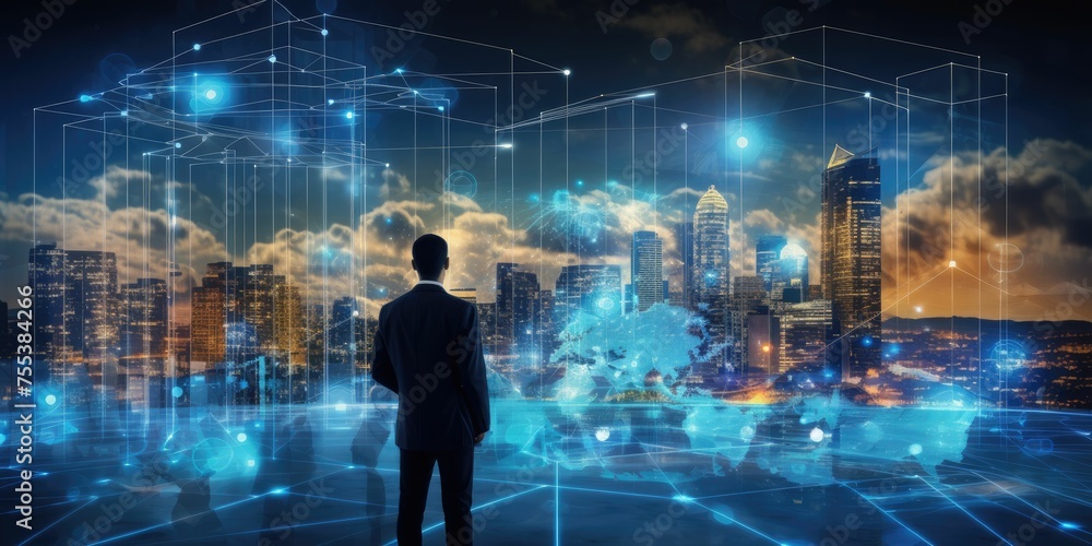 Poster digital marketing concept, business man point hand to interface of communication cloud technology to connect data in world network by using 5g . futuristic technology connect communication network