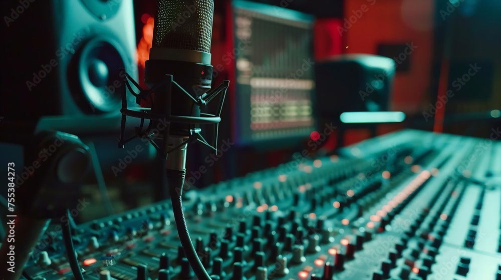 Poster Generative AI : studio condenser microphone on sound engineer working in control room background