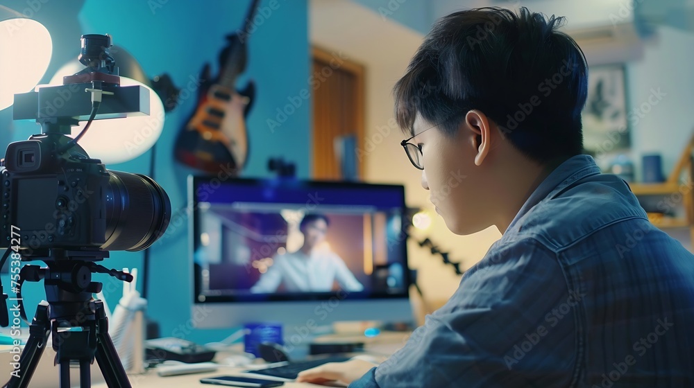 Poster generative ai : editor video working with footage video on laptop and computer pc in the house studi