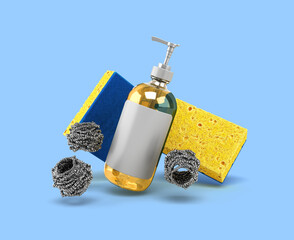 sponges for washing dishes fly in air 3d render on blue background
