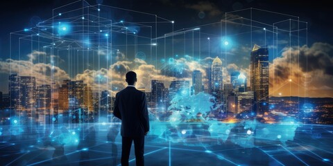 digital marketing concept, business man point hand to interface of communication cloud technology to connect data in world network by using 5g . futuristic technology connect communication network