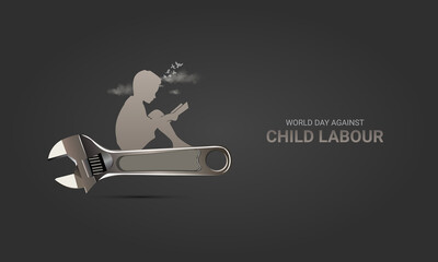 World day against Child Labor, Jun 12, Wrench whit child labor read book, flying bird, cloud, Design for social media banner, poster, 3D Illustration