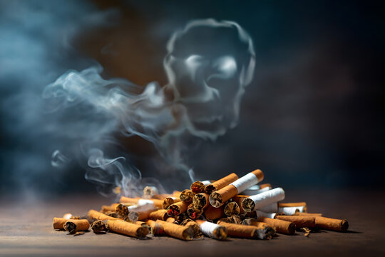 Burning cigarettes with rising smoke form the skull shape against a dark backdrop.