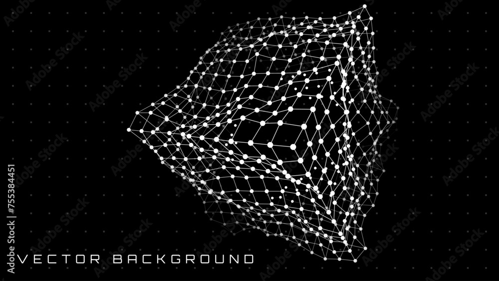 Poster Cube. Object with Dots and Lines. Molecular Grid. 3D Cube Geometric Technology Style Baner Design. Vector Illustration. Futuristic Connection Structure for Technology or Science Concept.