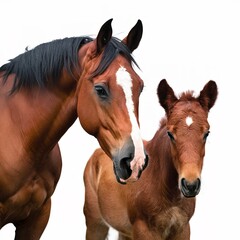 Brown mare and foal looking with suspicion on white background