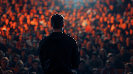 view from the back of a man speaking in front of an audience. A man with a microphone speaks in front of a crowd of people.public speaking concept