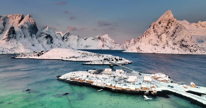 Panorama landscape of Lofote islands, Norway, Sakrisoy, Reine and Fredvang bridges