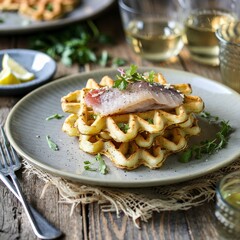 Cooked potato waffles with lightly salted red fish and herbs in a plate, on a wooden table.