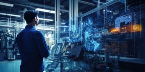 Futuristic technology trend concept of smart industry 4.0 engineer use artificial intelligence robotic automation machine in factory Connecting data network software to monitoring, operating process