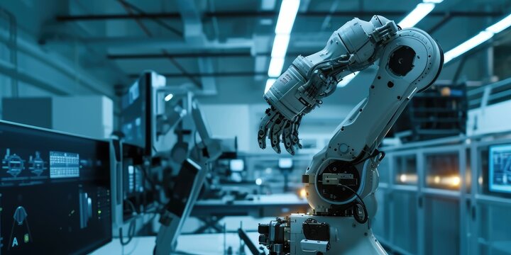 Futuristic technology trend concept of smart industry 4.0 engineer use artificial intelligence robotic automation machine in factory Connecting data network software to monitoring, operating process - Powered by Adobe