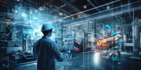 Futuristic technology trend concept of smart industry 4.0 engineer use artificial intelligence robotic automation machine in factory Connecting data network software to monitoring, operating process