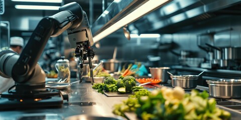 Futuristic technology trend in smart food industry. Automation artificial intelligence robot arm machine in restaurant ,kitchen using for precision taste, save loss,profit, replace job, work as chef