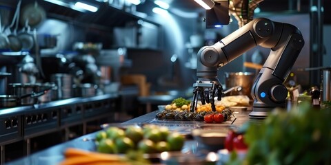 Futuristic technology trend in smart food industry. Automation artificial intelligence robot arm machine in restaurant ,kitchen using for precision taste, save loss,profit, replace job, work as chef - obrazy, fototapety, plakaty