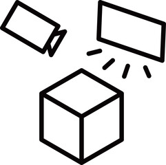 3DCG creation scene. A camera and lighting are set up in a cube.