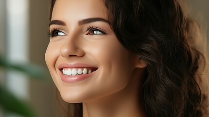 Portrait of a woman, smiling broadly. The idea of white and healthy teeth is conveyed.