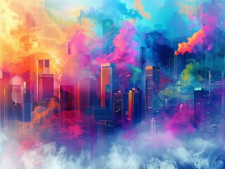 A futuristic urban landscape with vibrant colors and swirling clouds of vape smoke - obrazy, fototapety, plakaty