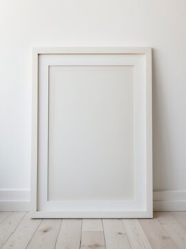 Blank white picture frame on the white wall and the wooden floor
